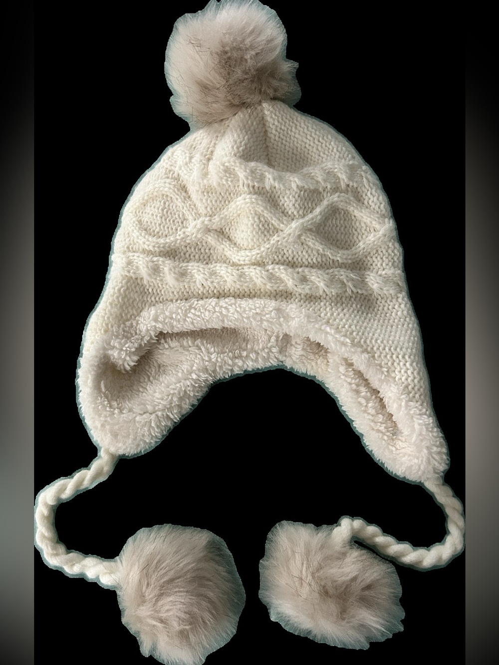 Muji Cream Knit Pom-Pom Earflap Hat women